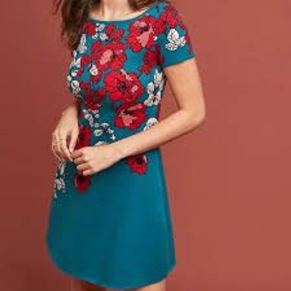 Anthropologie Maeve Allison Floral Knit Sweater Dress Teal Red Poppy XL